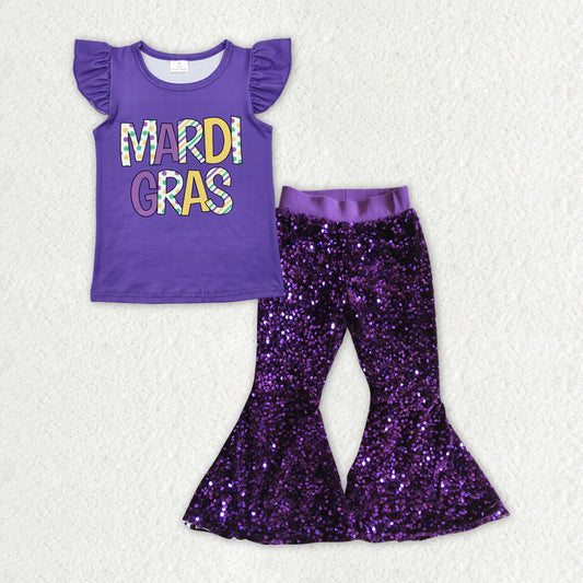 RTS NO MOQ ETA 5/7days Arrived GT0814+P0032 Mardi gras purple flying sleeve top sequin trousers sets