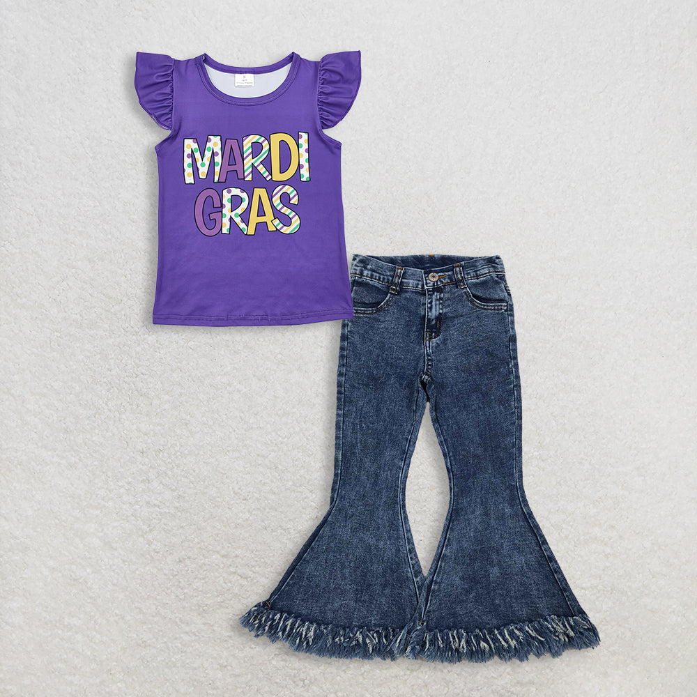 RTS NO MOQ GT0814+P0132 Baby Girls Mardi Gras Purple Ruffle Tee Shirt Top Navy Tassel Denim Bell Pants