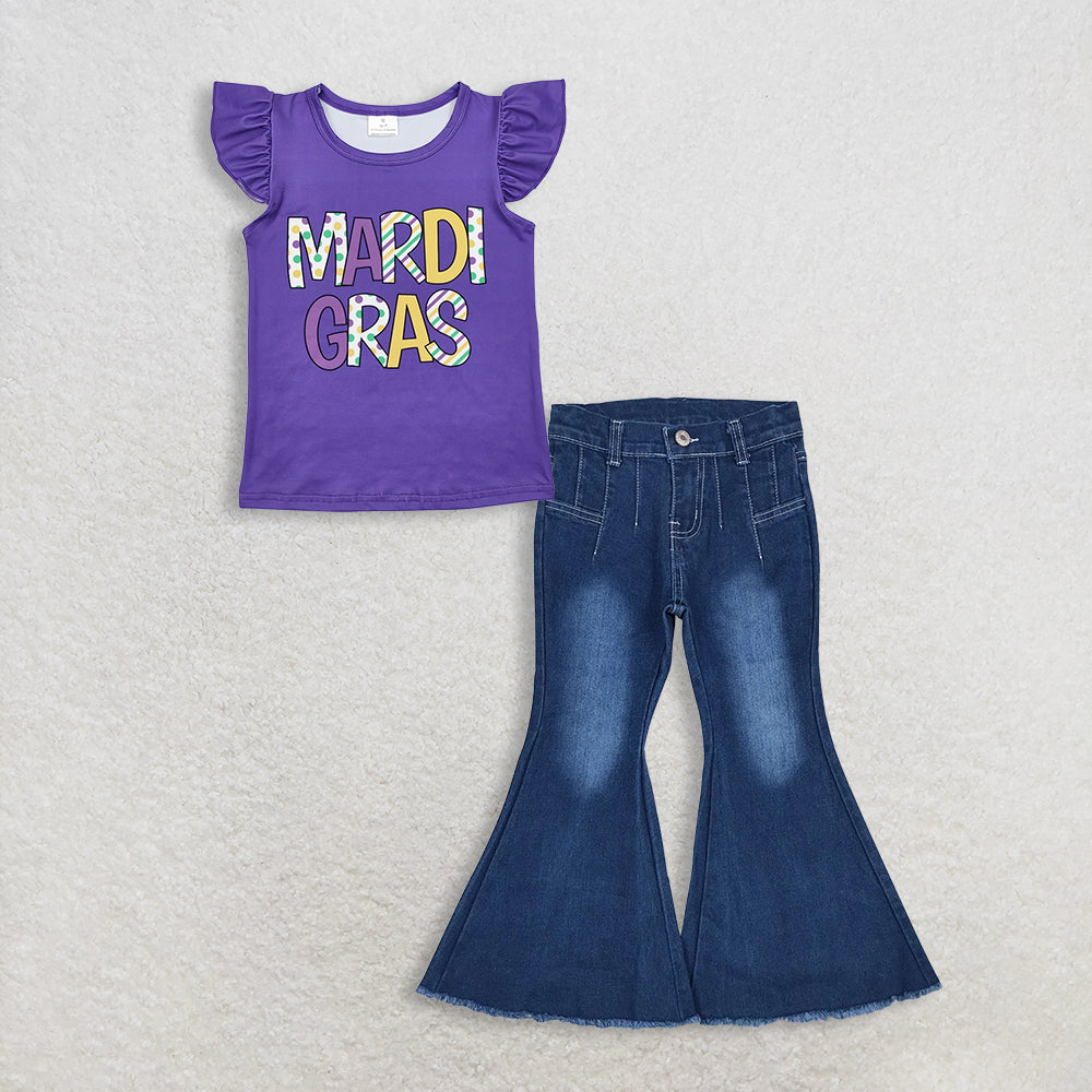 RTS NO MOQ GT0814+P0457 Baby Girls Mardi Gras Purple Ruffle Tee Shirt Top Western Navy Bell Flare Denim Pants