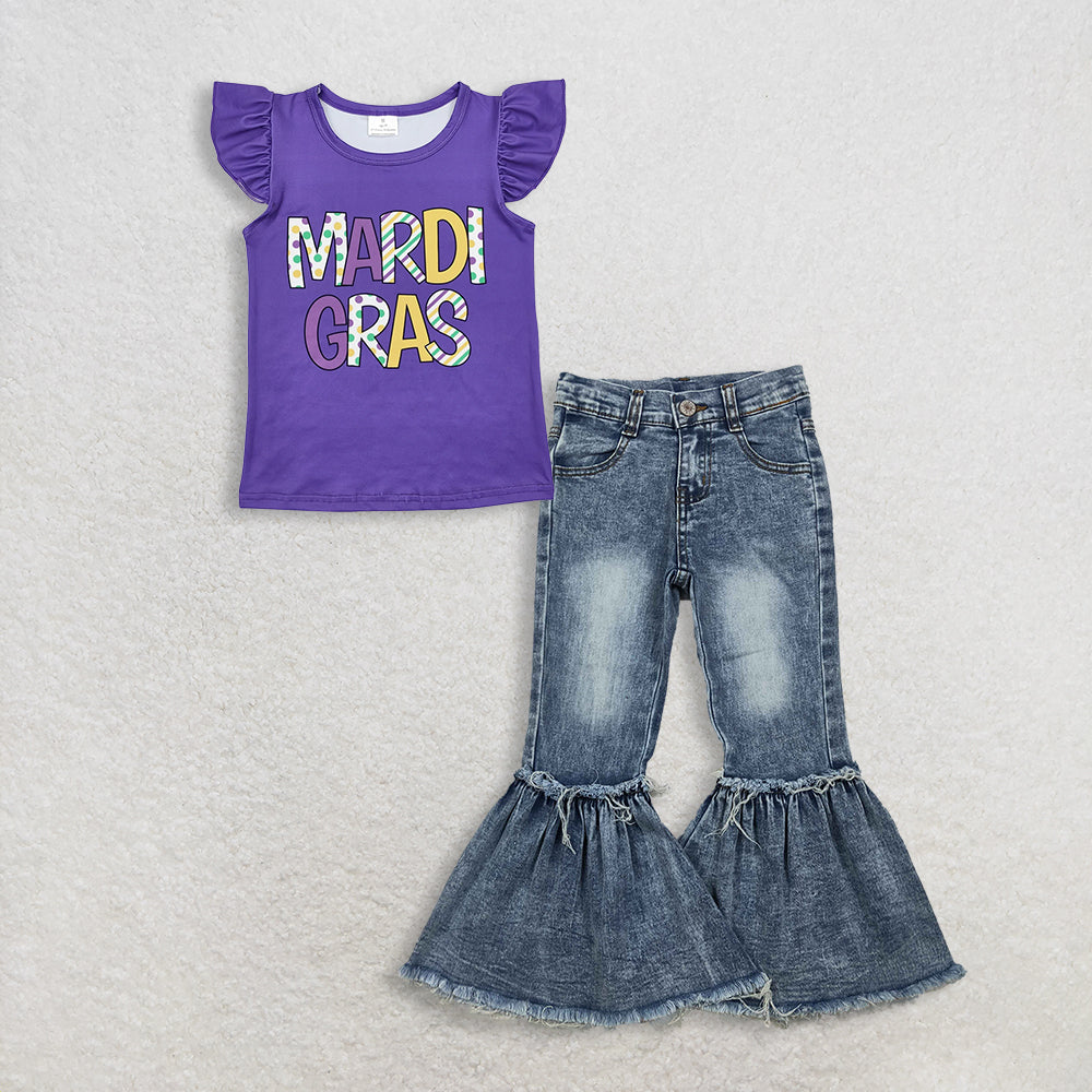 RTS NO MOQ GT0814+P0676 Baby Girls Mardi Gras Purple Ruffle Tee Shirt Top Navy Bleached Denim Flare Pants