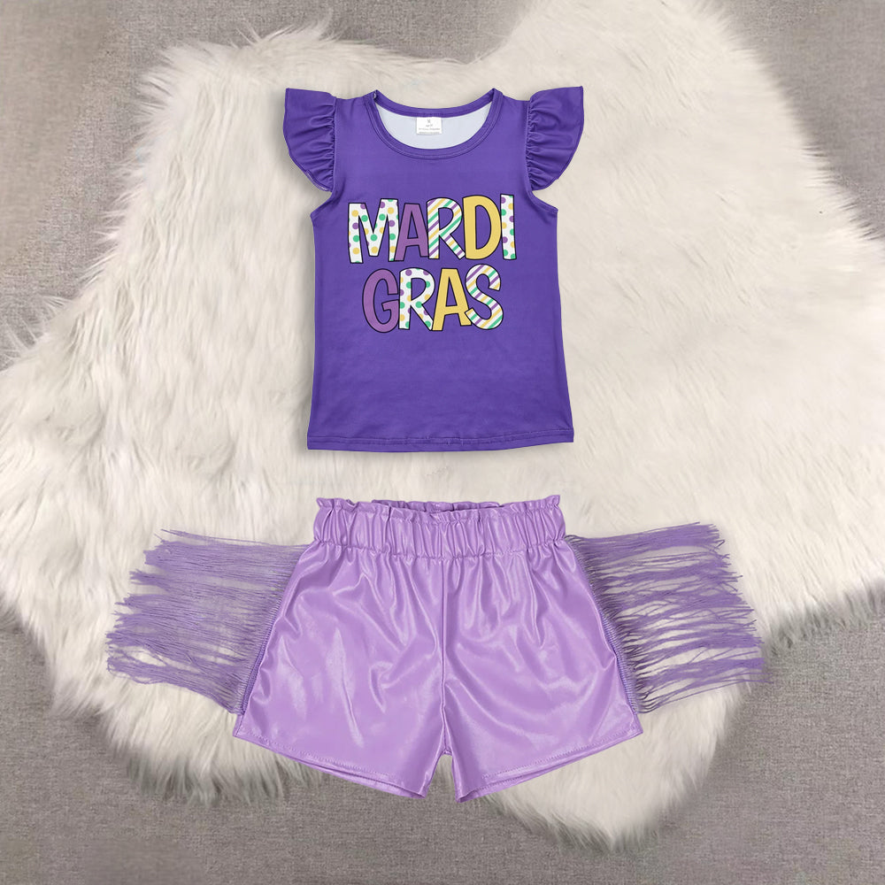 RTS NO MOQ（In Stock)  short-sleeved top shiny leather fringed shorts sets