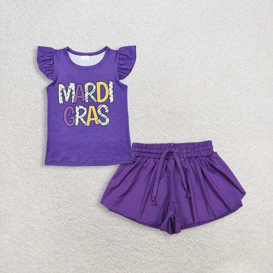 RTS NO MOQ GT0814+SS0602 Baby Girls Mardi Gras Purple Top And Yoga Shorts Set Toddler Outfit
