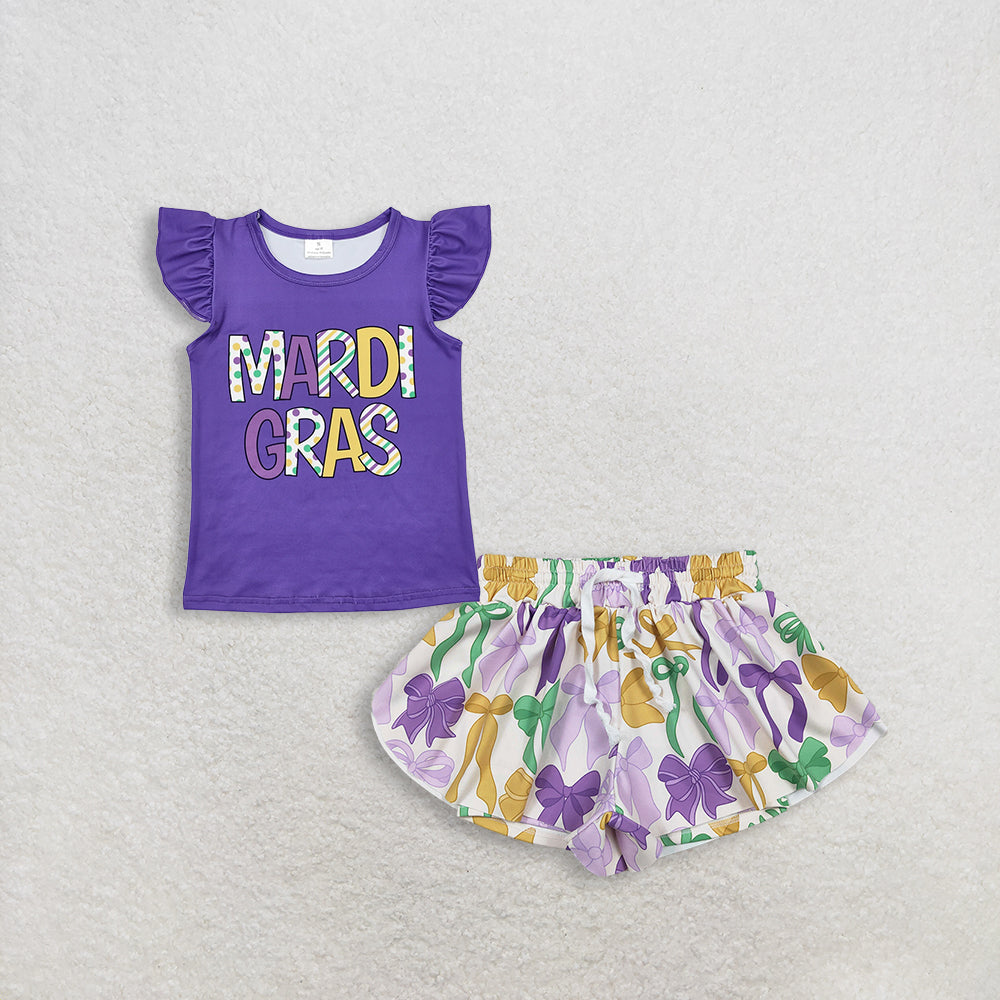 RTS NO MOQ GT0814+SS0684 Baby Girls Mardi Gras Purple Top Mardigras Bows Plaid Yoga Active Shorts Bottoms