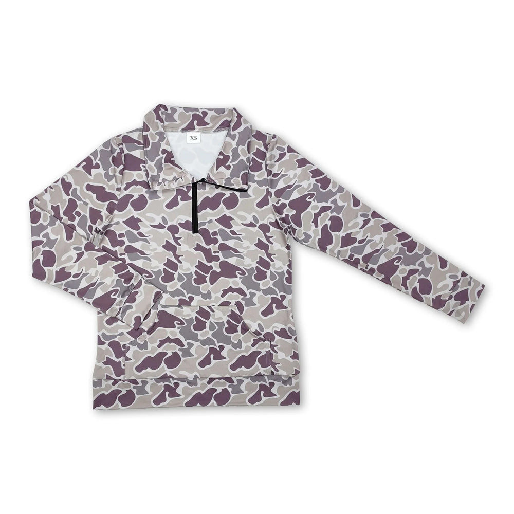 RTS NO MOQ Sibling milk silk Adult Women Duck Camo Quarter Zip Pullover Collared Long Sleeve Shirt