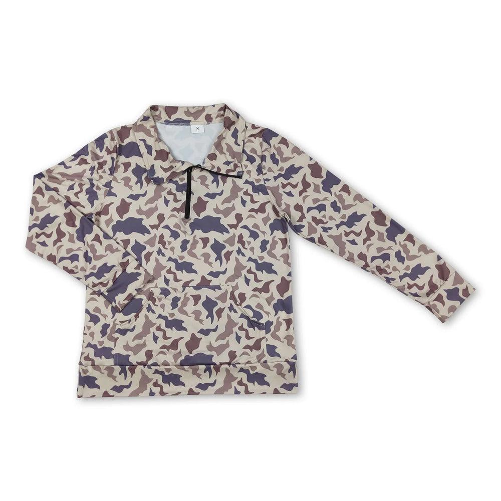 RTS NO MOQ Sibling milk silk Adult Women Duck Camo Quarter Zip Pullover Collared Long Sleeve Shirt