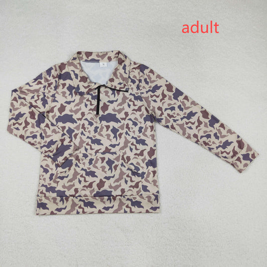 RTS NO MOQ（In Stock) Adult female pocket camouflage light brown zipper long-sleeved top