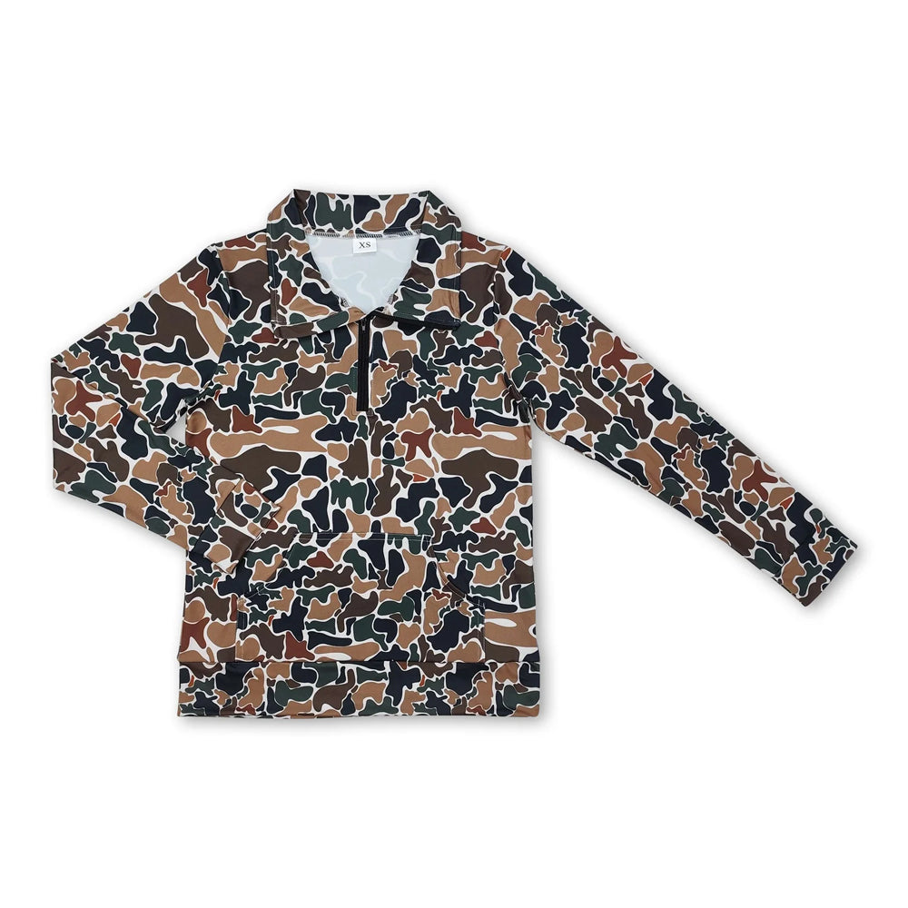 RTS NO MOQ Sibling milk silk Adult Women Duck Camo Quarter Zip Pullover Collared Long Sleeve Shirt