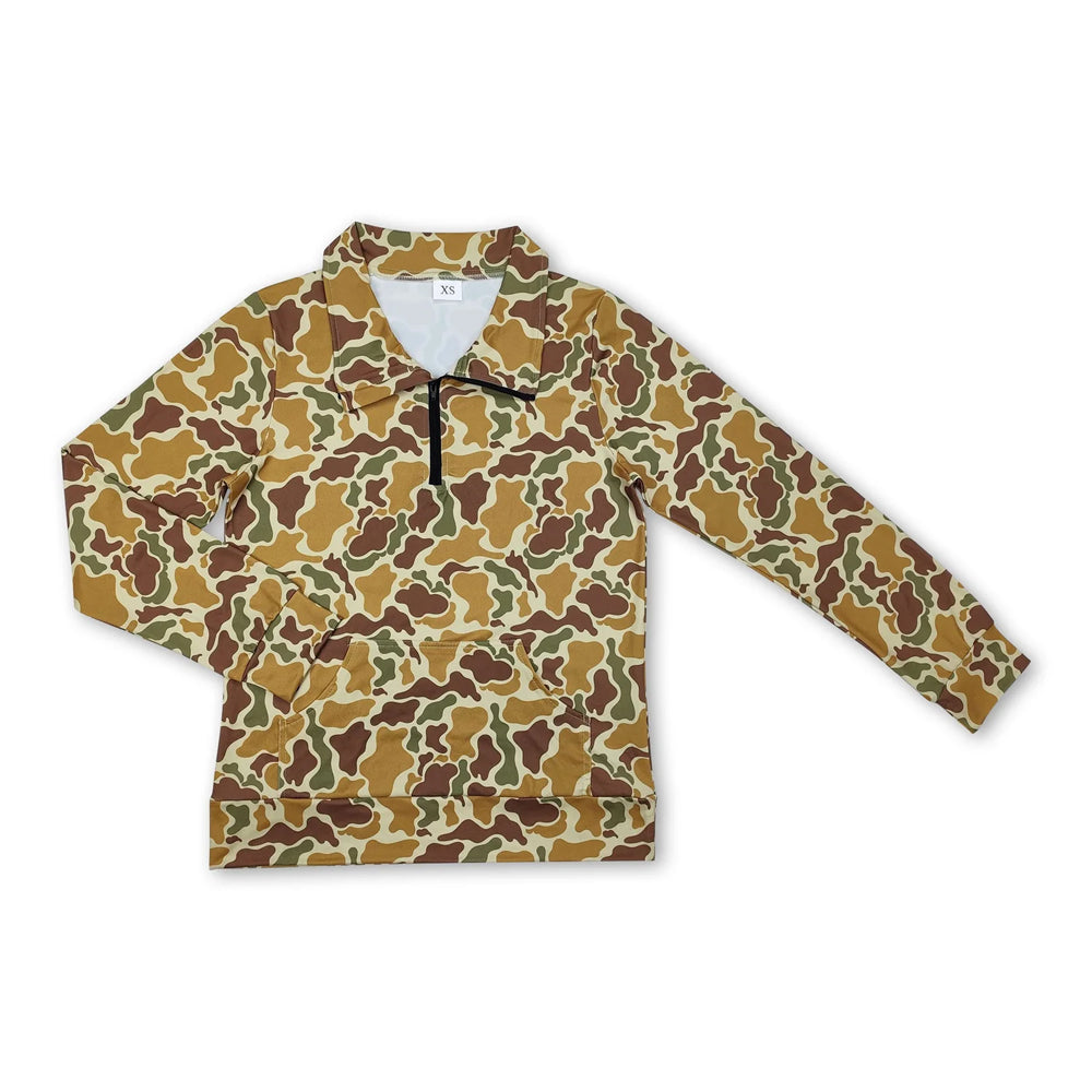 RTS NO MOQ Sibling milk silk Adult To Match Kids Dark Khaki Camo Quarter Zip Long Sleeve Pullover Top