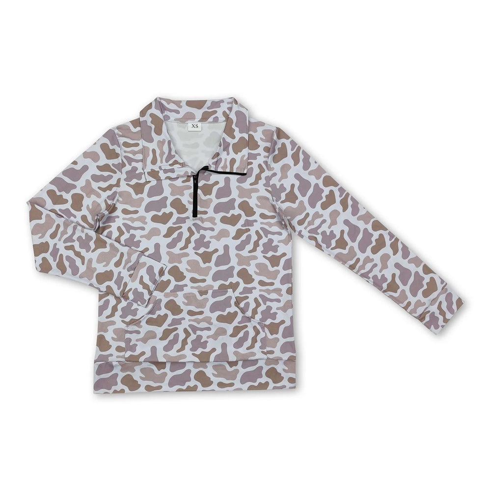 RTS NO MOQ Sibling milk silk Adult To Match Kids Khaki Camo Quarter Zip Long Sleeve Pullover Top