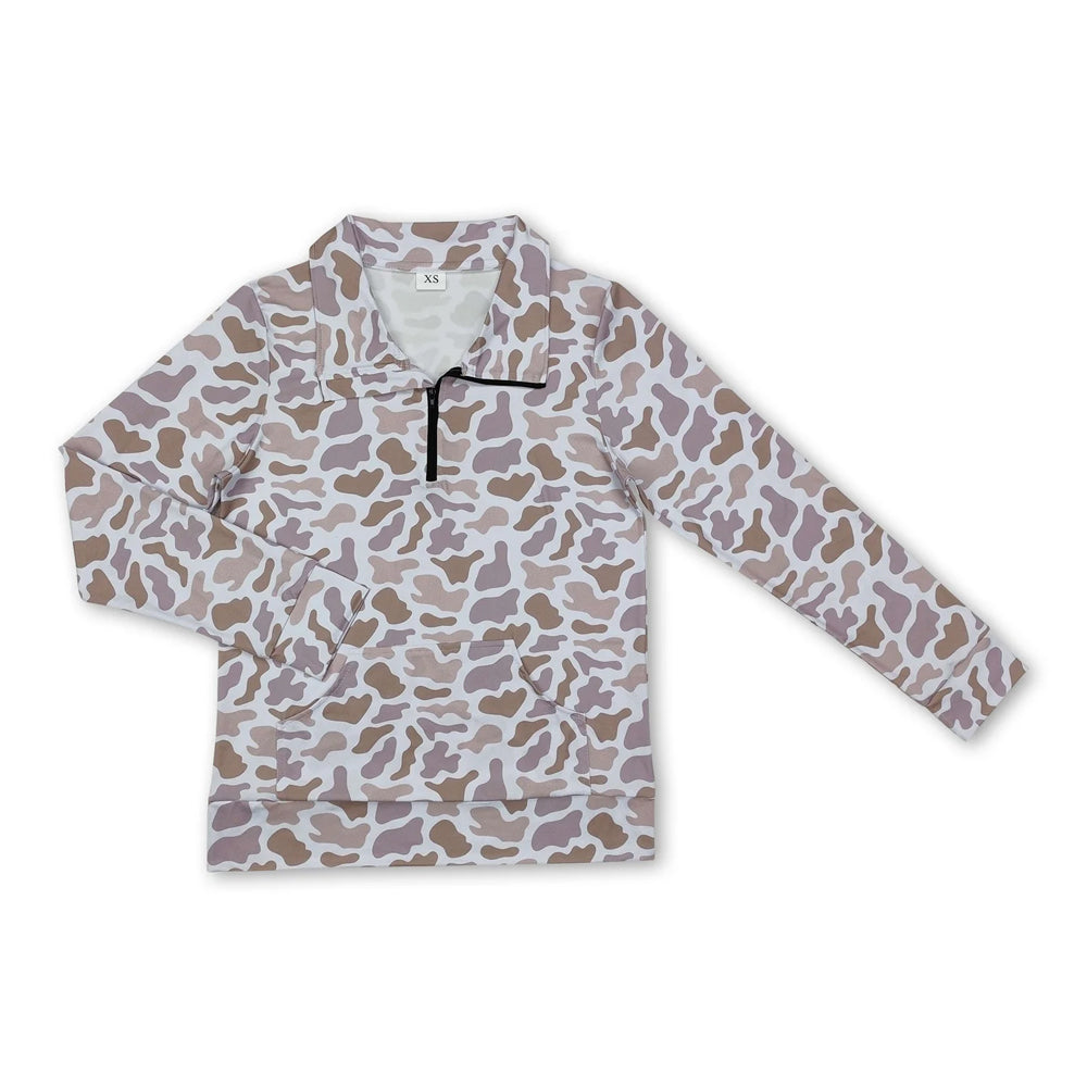 RTS NO MOQ Sibling milk silk Adult Women Camouflage Quarter Zip Collared Long Sleeve Pullover Top