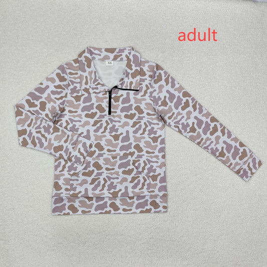 RTS NO MOQ（In Stock) Adult female pocket camouflage gray brown zipper long sleeve top
