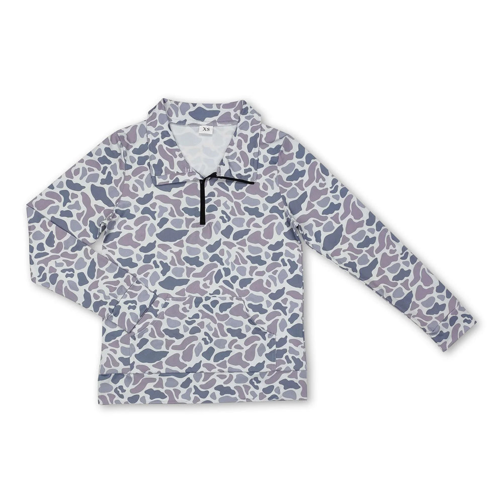 RTS NO MOQ Sibling milk silk Adult To Match Kids Grey Camo Quarter Zip Long Sleeve Pullover Top