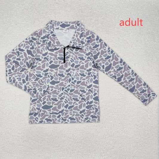 RTS NO MOQ（In Stock) GT0832 Adult female pocket camouflage gray blue zipper long sleeve top