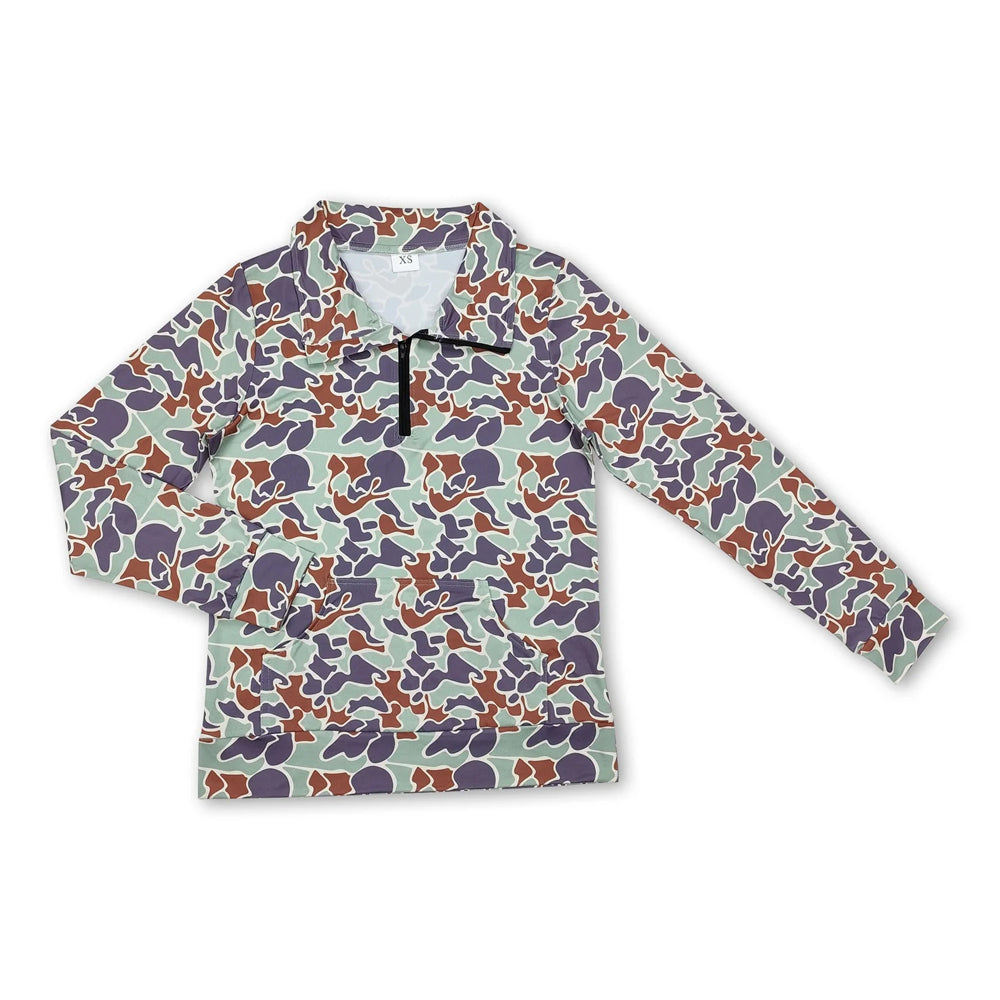 RTS NO MOQ Sibling milk silk Adult To Match Kids Green Camo Quarter Zip Long Sleeve Pullover