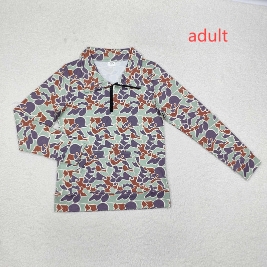 RTS NO MOQ（In Stock) Adult female pocket camouflage brown green zipper long-sleeved top