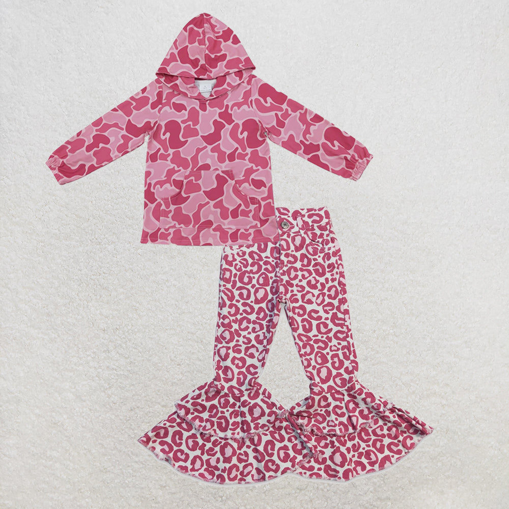 NEW RTS NO MOQ Denim GT1841+ P0044 Baby Girls Pink Camo Print Hoodie With Front Pocket And Pink Leopard Ruffle Denim Pants Jeans Set