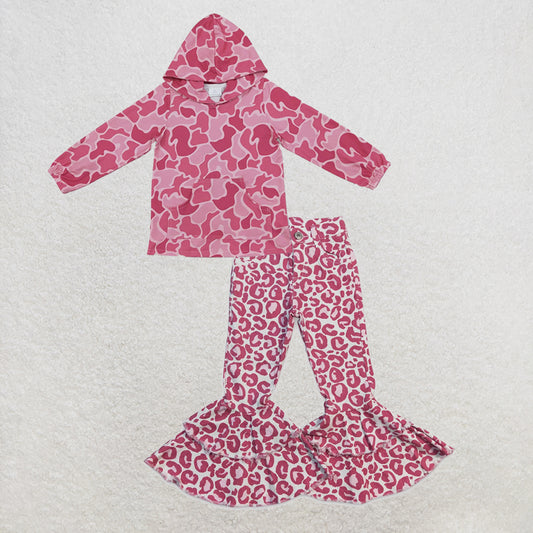 NEW RTS NO MOQ Denim GT1841+ P0044 Baby Girls Pink Camo Print Hoodie With Front Pocket And Pink Leopard Ruffle Denim Pants Jeans Set
