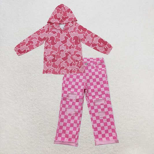 NEW RTS NO MOQ Denim GT0866+ P0096 Baby Girls Pink Camo Print Hoodie With Front Pocket And Pink Check Denim Pants Set