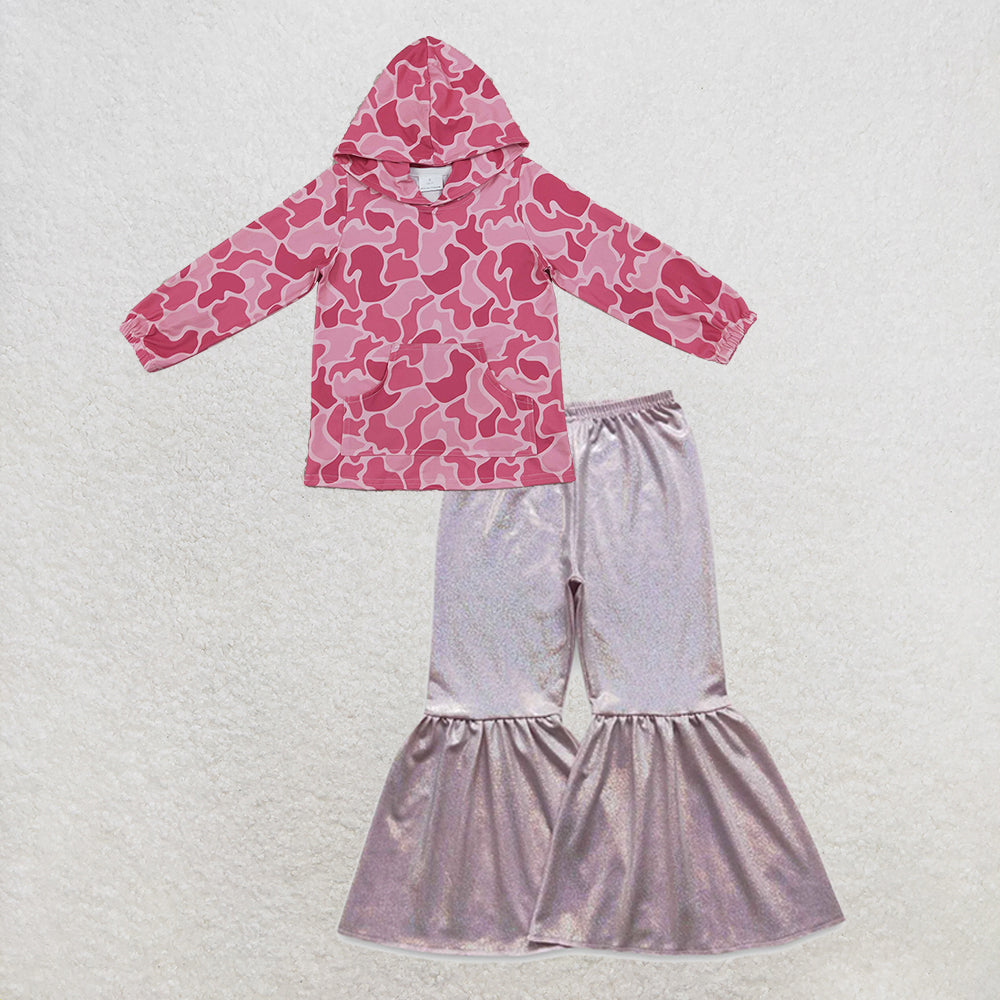 NEW RTS NO MOQ milk silk GT0866+P0179 Baby Girls Pink Camo Print Hooded Top Sparkle Shimmer Bell Bottom Pants Set