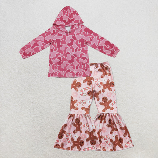 NEW RTS NO MOQ milk silk GT0866+P0240 Baby Girls Pink Camo Print Hooded Top Christmas Gingerbread Bell Pants Set