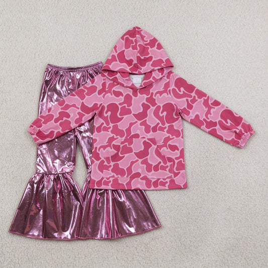 NEW RTS NO MOQ milk silk GT0866+P0253 Baby Girls Pink Camo Print Hooded Top Pink Holographic Spandex Bell Bottom Pants Set