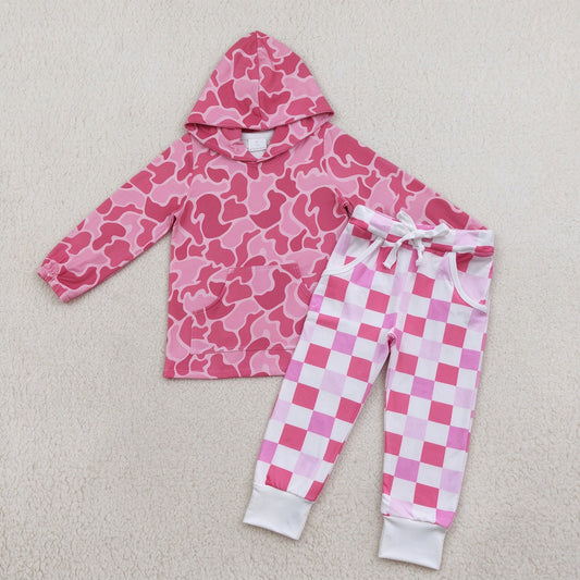 NEW RTS NO MOQ milk silk GT0866+P0293 Baby Girls Pink Camo Print Hooded Top Pink Checkered Bottom Pants Set