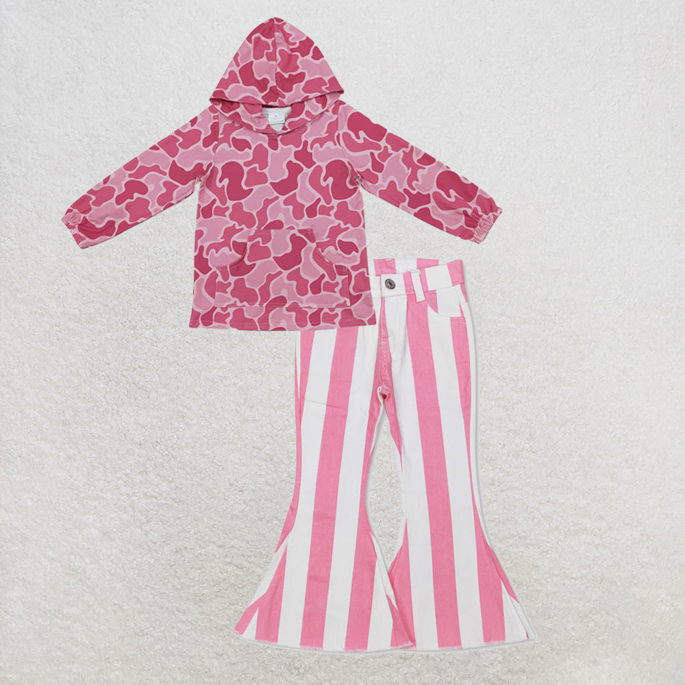 NEW RTS NO MOQ Denim GT0866+ P0315 Baby Girls Pink Camo Print Hoodie With Front Pocket And Pink Stripe Denim Pants Jeans Set