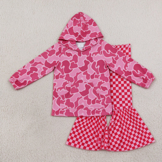 NEW RTS NO MOQ milk silk GT0866+P0340 Baby Girls Pink Camo Print Hooded Top Pink Checkered Valentines Bell Bottom Pants Set