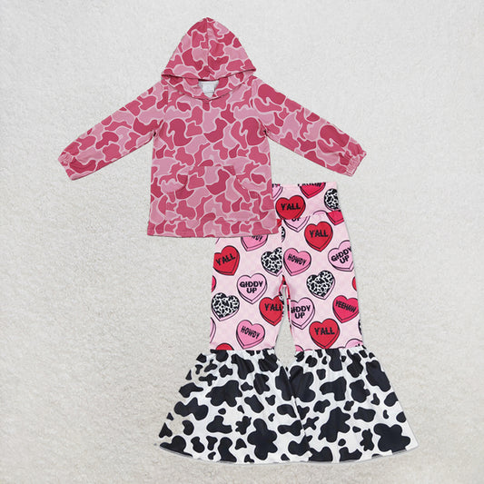 NEW RTS NO MOQ milk silk GT0866+P0344 Baby Girls Pink Camo Print Hooded Top Valentines Western Hearts Bell Bottom Pants Set