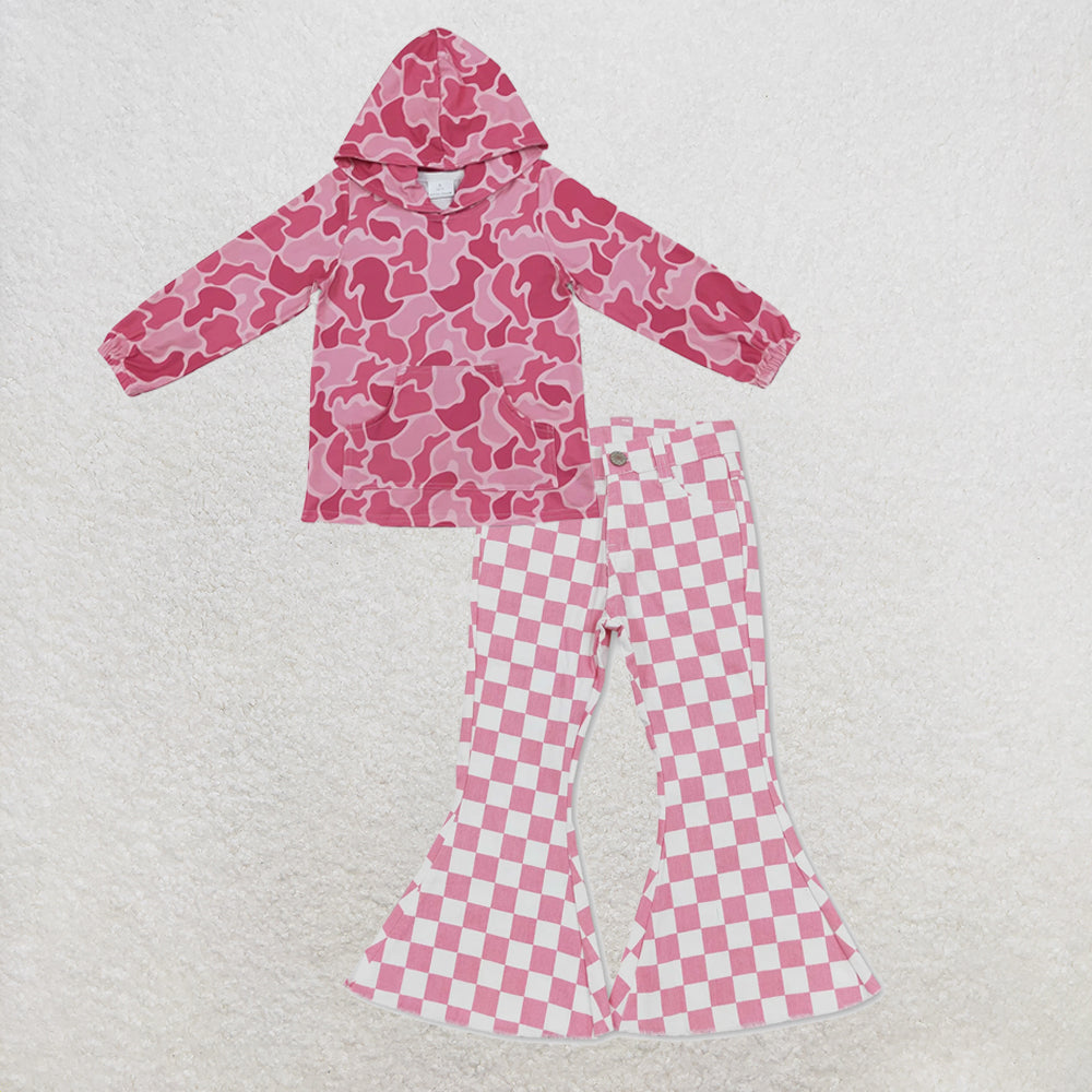 NEW RTS NO MOQ Denim GT0866+ P0348 Baby Girls Pink Camo Print Hoodie With Front Pocket And Pink Checkerboard Denim Pants Jeans Set