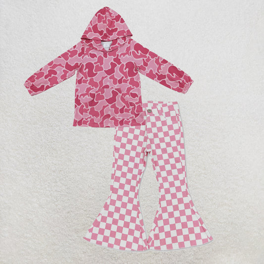 NEW RTS NO MOQ Denim GT0866+ P0348 Baby Girls Pink Camo Print Hoodie With Front Pocket And Pink Checkerboard Denim Pants Jeans Set