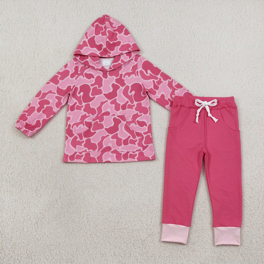 NEW RTS NO MOQ milk silk GT0866+P0352 Baby Girls Pink Camo Print Hooded Top Pink Pockets Cotton Pants Set