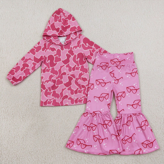 NEW RTS NO MOQ milk silk GT0866+P0365 Baby Girls Pink Camo Print Hooded Top Valentines Glasses Hearts Pink Flare Bell Bottom Pants Set