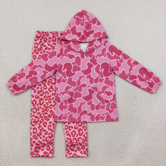 NEW RTS NO MOQ milk silk GT0866+P0386 Baby Girls Pink Camo Print Hooded Top Pink Leopard Elastic Pants Set