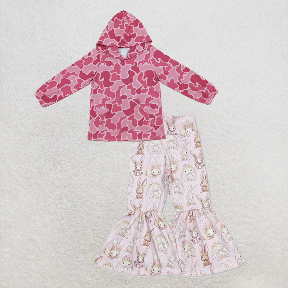 NEW RTS NO MOQ milk silk GT0866+P0387 Baby Girls Pink Camo Print Hooded Top Pink Easter Rabbit Flare Bell Bottom Pants Set