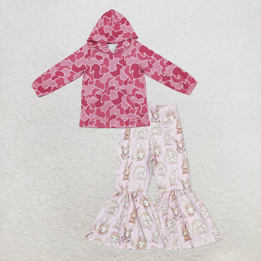 NEW RTS NO MOQ milk silk GT0866+P0387 Baby Girls Pink Camo Print Hooded Top Pink Easter Rabbit Flare Bell Bottom Pants Set