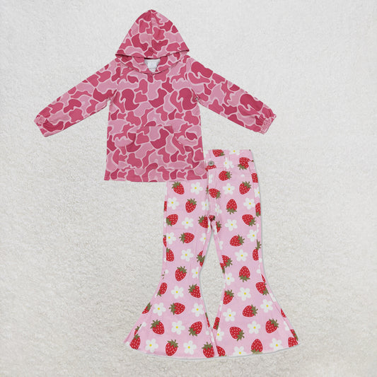 NEW RTS NO MOQ Denim GT0866+ P0396 Baby Girls Pink Camo Print Hoodie With Front Pocket And Strawberry Flowers Denim Pants Jeans Set