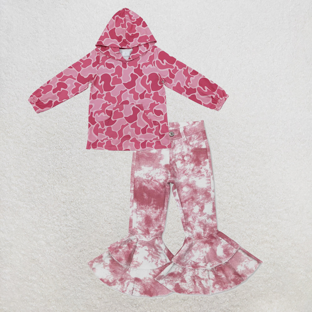 NEW RTS NO MOQ Denim GT1841+ P0399 Baby Girls Pink Camo Print Hoodie With Front Pocket And Pink Tie Dye Double Ruffle Denim Pants Jeans Set