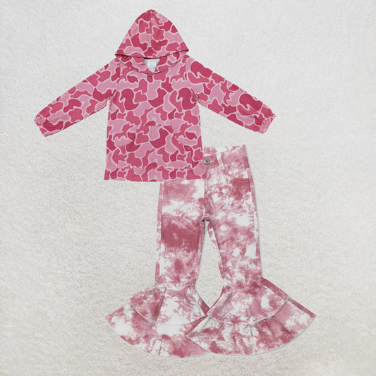 NEW RTS NO MOQ Denim GT1841+ P0399 Baby Girls Pink Camo Print Hoodie With Front Pocket And Pink Tie Dye Double Ruffle Denim Pants Jeans Set