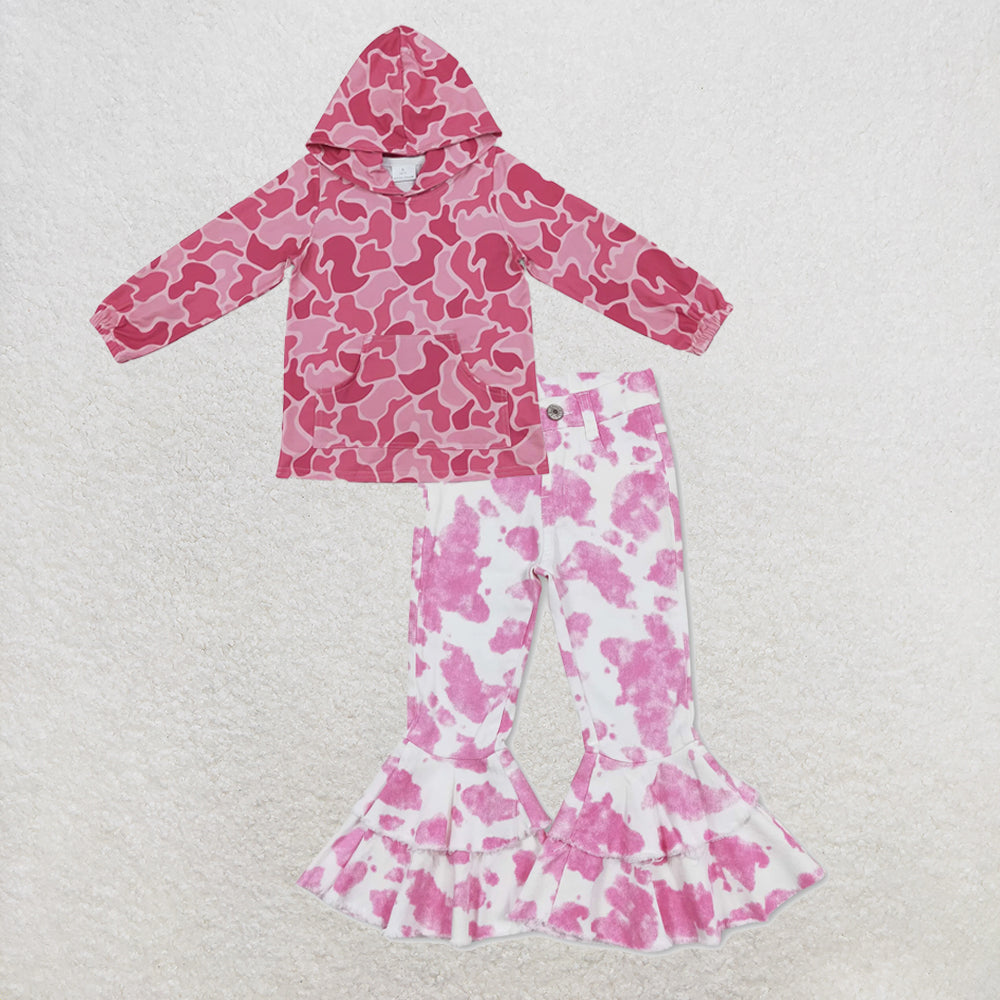 NEW RTS NO MOQ Denim GT1841+ P0406 Baby Girls Pink Camo Print Hoodie With Front Pocket And Pink Cow Double Ruffle Denim Pants Jeans Set