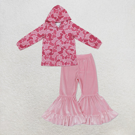 NEW RTS NO MOQ milk silk GT0866+P0416 Baby Girls Pink Camo Print Hooded Top Pink Velvet Ruffle Bell Bottom Pants Set