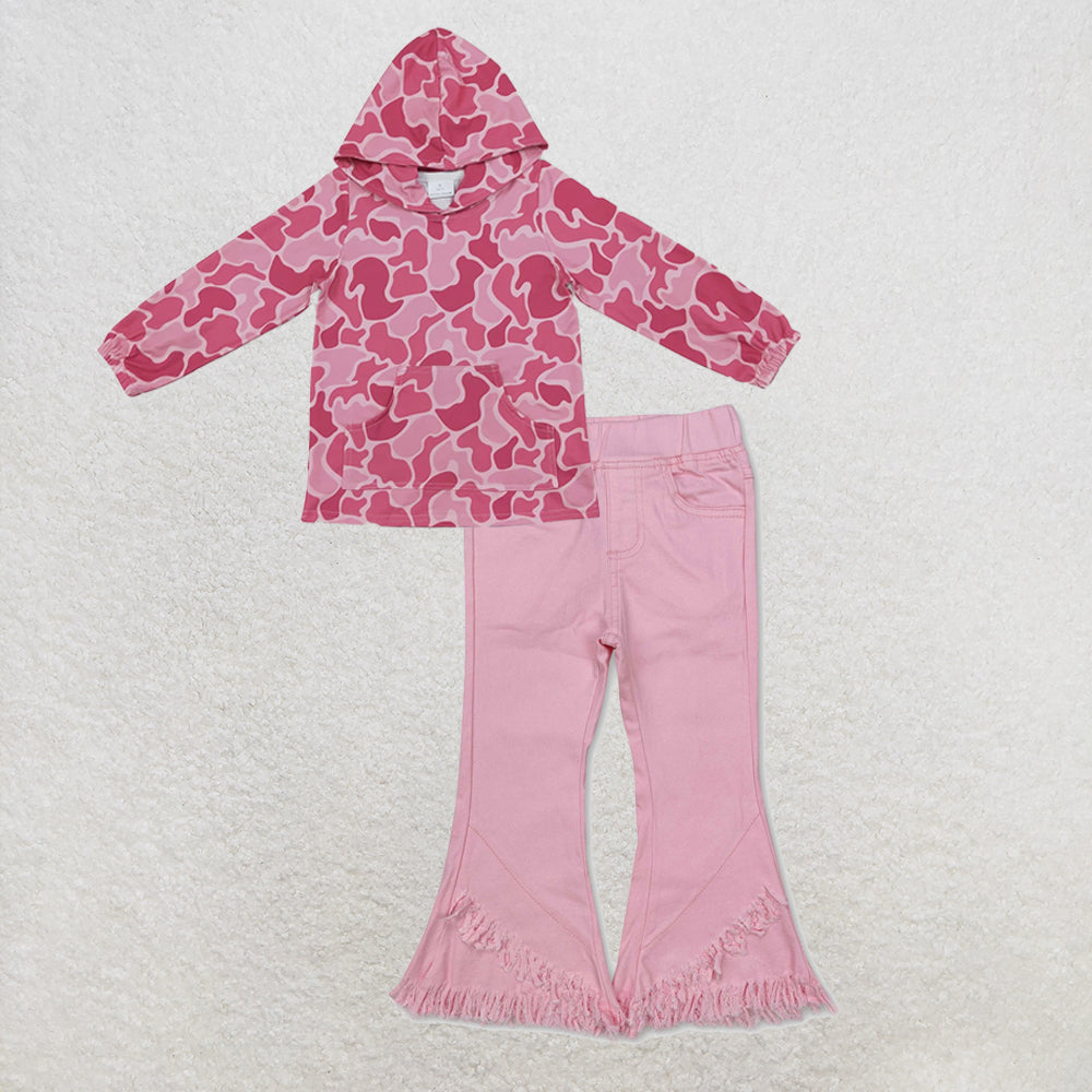 NEW RTS NO MOQ Denim GT0866+ P0463 Baby Girls Pink Camo Print Hoodie With Front Pocket And Pink Denim Pants Jeans Set