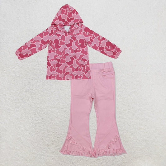 NEW RTS NO MOQ Denim GT0866+ P0463 Baby Girls Pink Camo Print Hoodie With Front Pocket And Pink Denim Pants Jeans Set