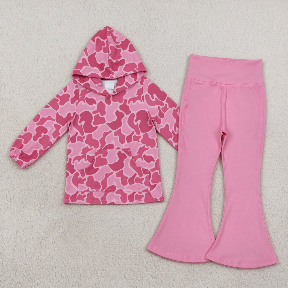NEW RTS NO MOQ yoga fabric GT0866+P0573 Baby Girls Pink Camo Print Hooded Top Dark Pink Yoga Active Wear Bell Bottom Pants Set