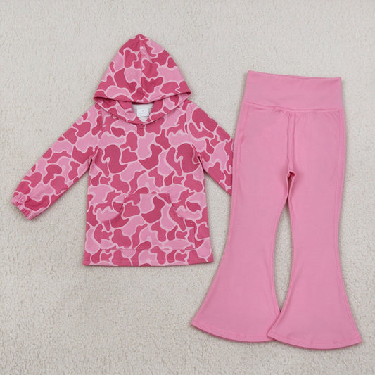 NEW RTS NO MOQ yoga fabric GT0866+P0573 Baby Girls Pink Camo Print Hooded Top Dark Pink Yoga Active Wear Bell Bottom Pants Set