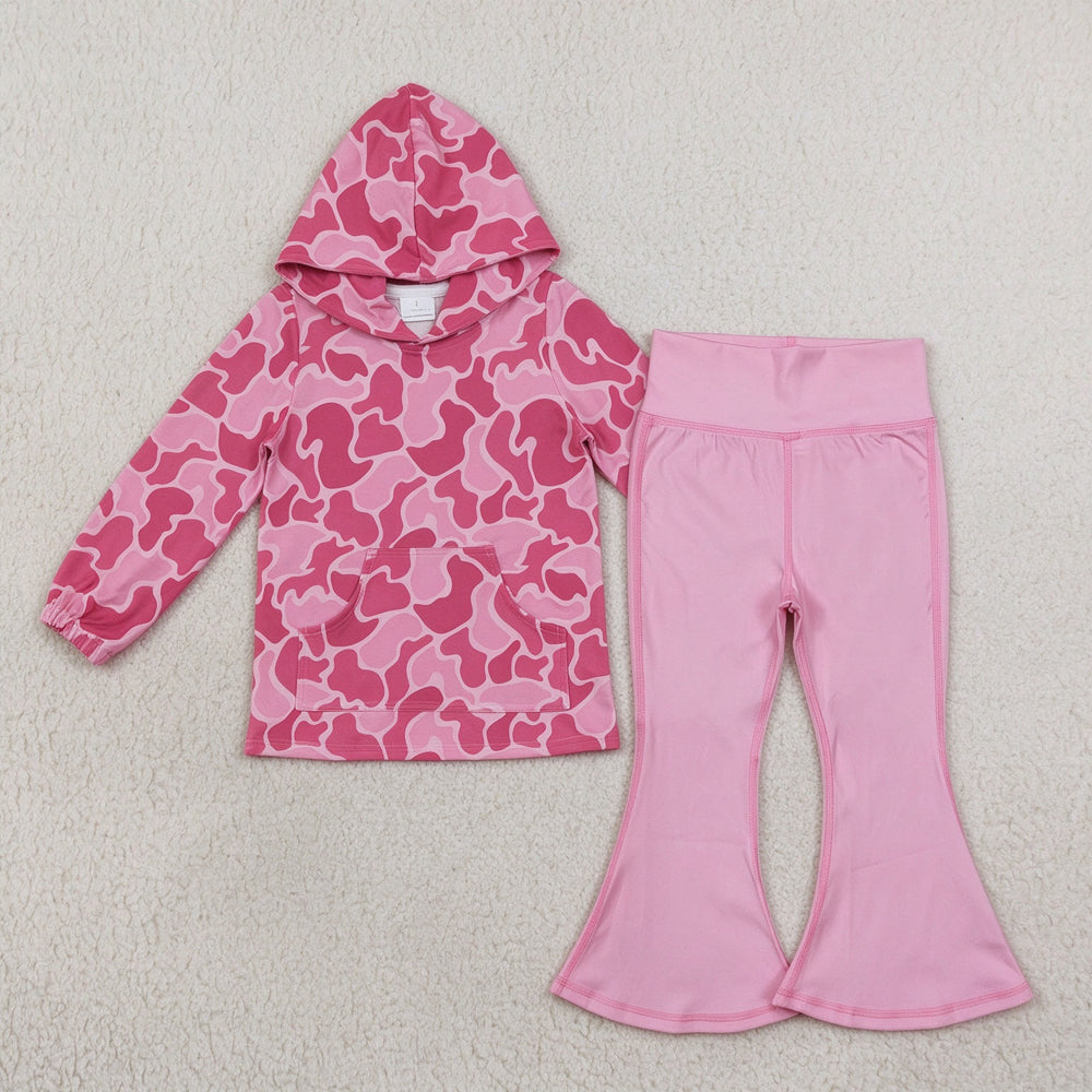 NEW RTS NO MOQ yoga fabric GT0866+P0576 Baby Girls Pink Camo Print Hooded Top Light Pink Yoga Active Wear Bell Bottom Pants Set