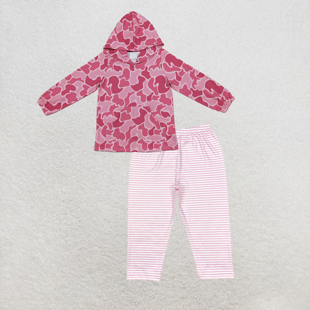 NEW RTS NO MOQ milk silk GT0866+P0625 Baby Girls Pink Camo Print Hooded Top Pink Stripes Legging Pants Bottoms Set