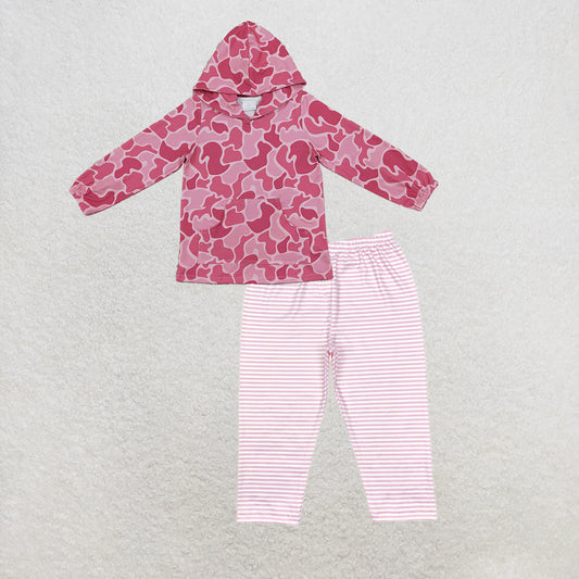 NEW RTS NO MOQ milk silk GT0866+P0625 Baby Girls Pink Camo Print Hooded Top Pink Stripes Legging Pants Bottoms Set