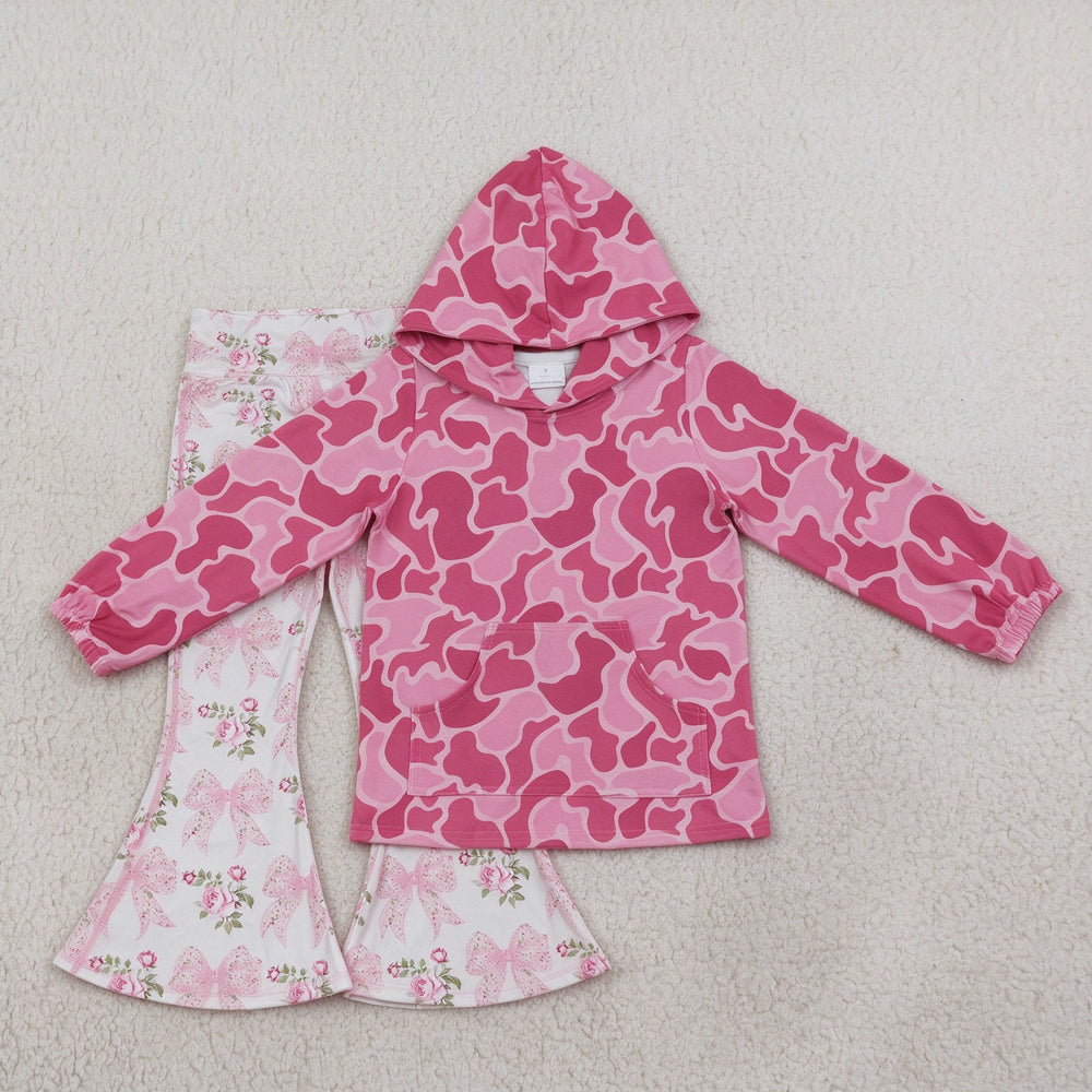 NEW RTS NO MOQ yoga fabric GT0866+P0768 Baby Girls Pink Camo Print Hooded Top Pink Floral Bows Bell Bottom Yoga Pants Set（3-6M-8-9T）