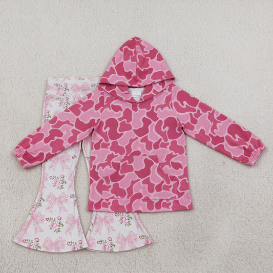 NEW RTS NO MOQ yoga fabric GT0866+P0768 Baby Girls Pink Camo Print Hooded Top Pink Floral Bows Bell Bottom Yoga Pants Set（3-6M-8-9T）